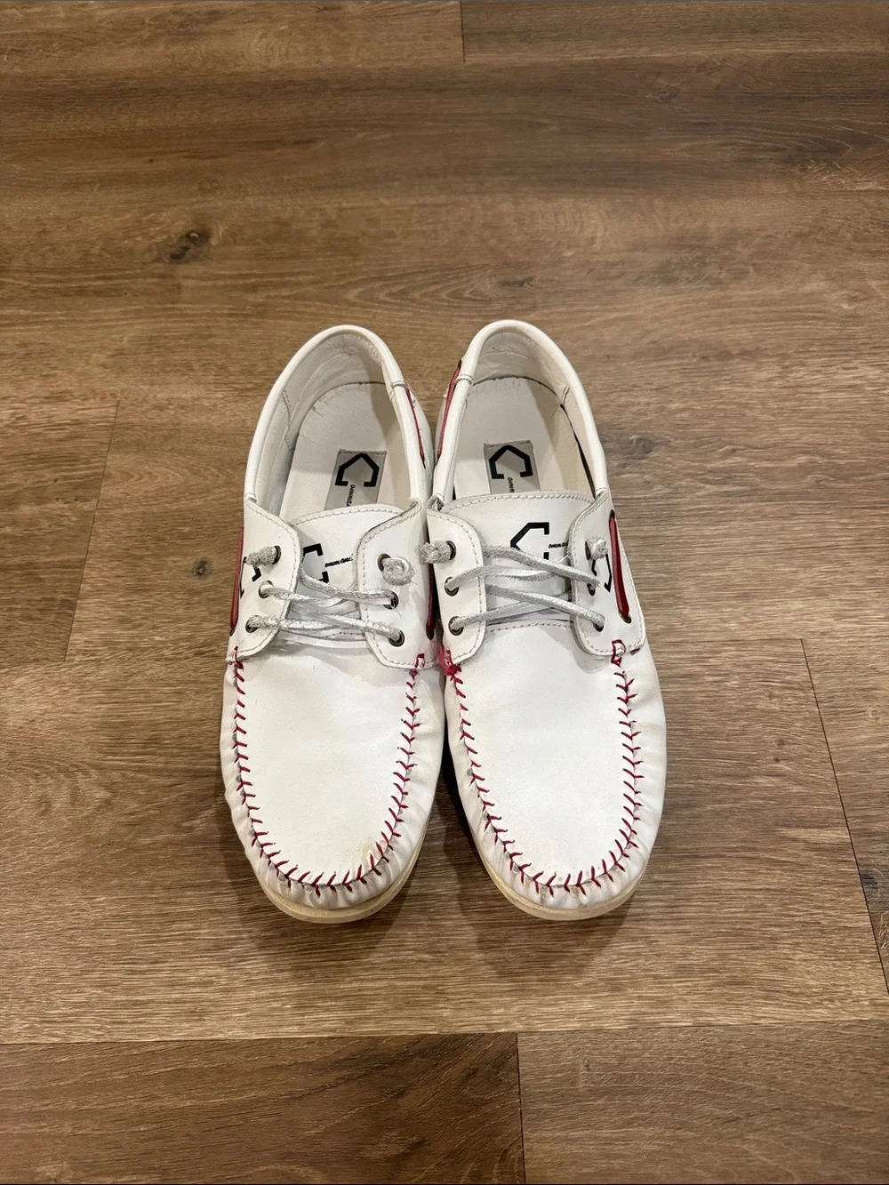White Men’s Boat Shoes with Red Stitching - Baseballism